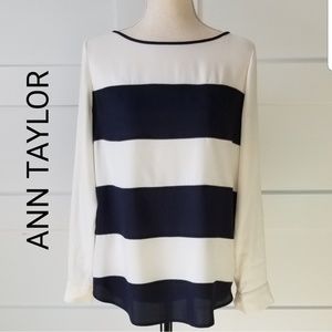 Ann Taylor Silky Wide-Stripe LS Blouse. Sz M